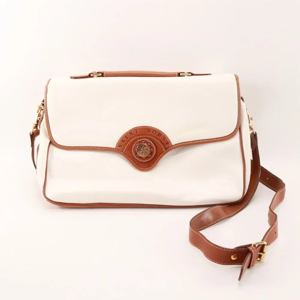 Vtg Saint Borse Handbag Women Medium Ivory Brown Pebble Leather Shoulder Bag
